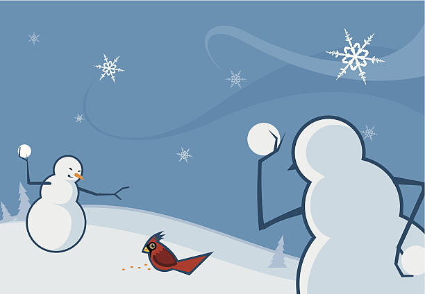 arctic scene - snowmen ambush a bird vector art illustration