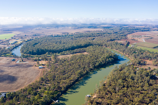 Aerial view of l the Murray river near Echuca, Victoria, Australia.
