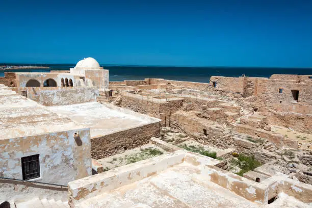 Ghazi Mustapha Fort and Mediterranean Sea in Houmt Souk on the island of Djerba in Tunisia