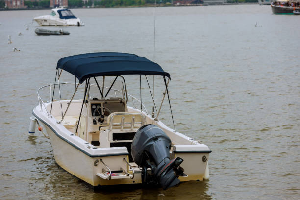 istock Motor boat floats on the river 1150852074