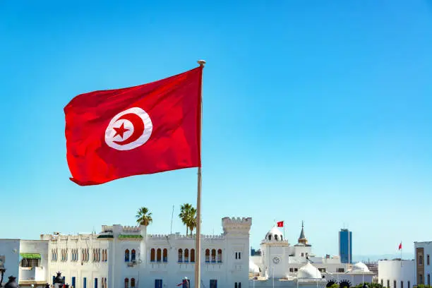 Tunisia flag waving in Tunis with government buildings in the background