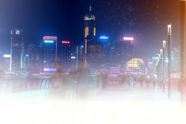 istock Abstract colorful bokeh with city night background. Double exposure 1150855281
