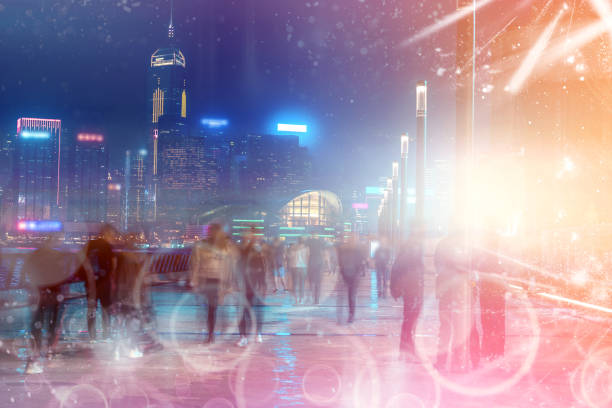 istock Abstract colorful bokeh with city night background. Double exposure 1150855283