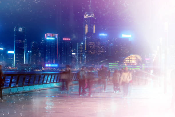 istock Abstract colorful bokeh with city night background. Double exposure 1150855286