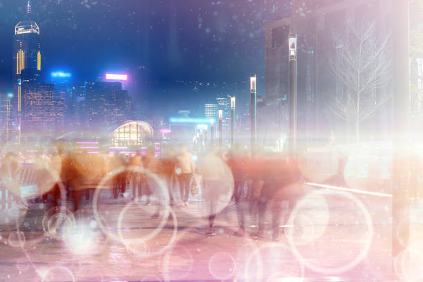 istock Abstract colorful bokeh with city night background. Double exposure 1150855289