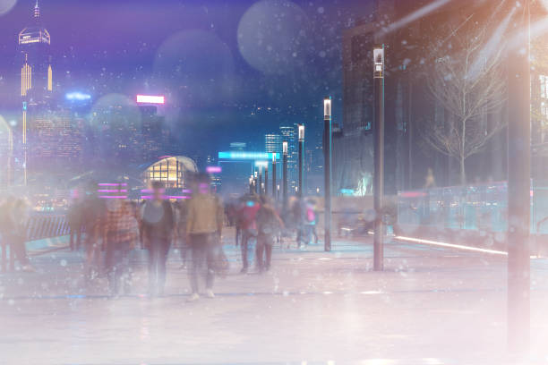 istock Abstract colorful bokeh with city night background. Double exposure 1150855297