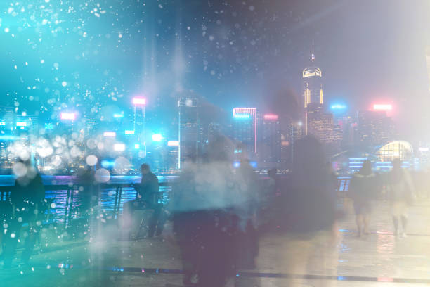 istock Abstract colorful bokeh with city night background. Double exposure 1150855298