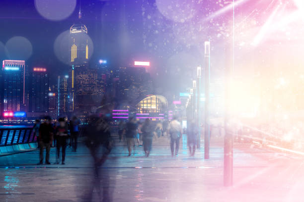 istock Abstract colorful bokeh with city night background. Double exposure 1150855299