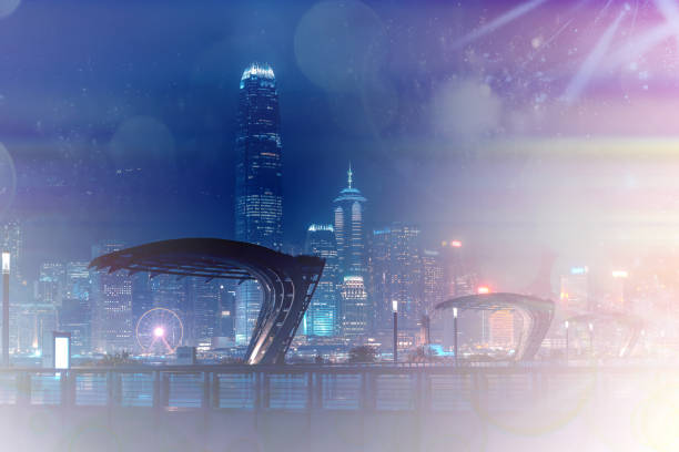 istock Abstract colorful bokeh with city night background. Double exposure 1150855314