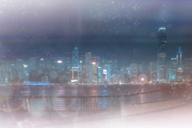 istock Abstract colorful bokeh with city night background. Double exposure 1150855315