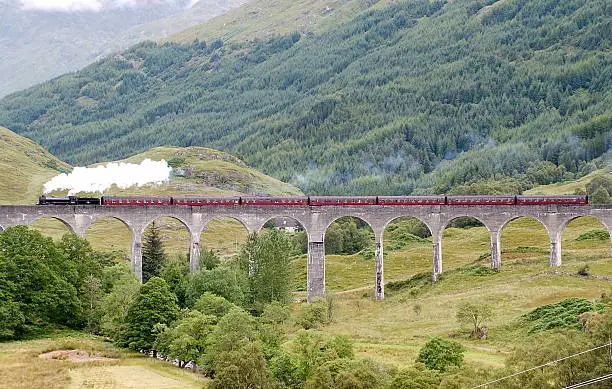 This shows a steam train on the Glenfinnan viaduct, this was the viaduct ( bridge ) used in the Harry Potter series of films.