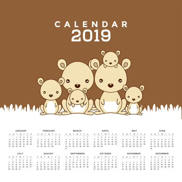 Vector illustration of Calendar 2019 with cute kangaroos. Hand drawn vector illustration