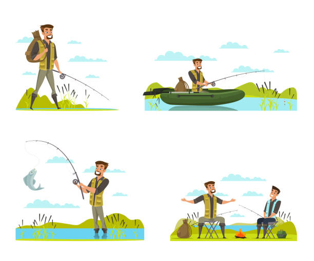 Fisherman on fishing vector illustrations set Fisherman on fishing vector illustrations set. Male friends at river bank isolated drawing. Flat man character catches fish from shore, waiting on rubber boat, shows catch, outdoor recreation cartoon fishing hook stock illustrations