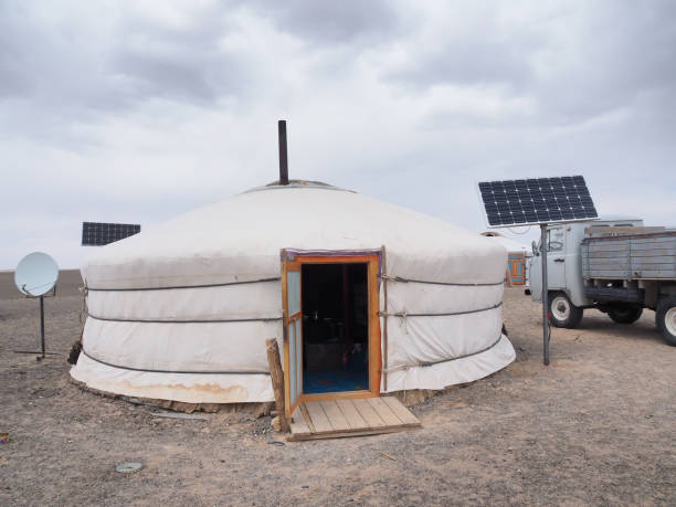 mongolian ger or yurt, with solar panel and satellite dish - independent mongolia fotos imagens e fotografias de stock