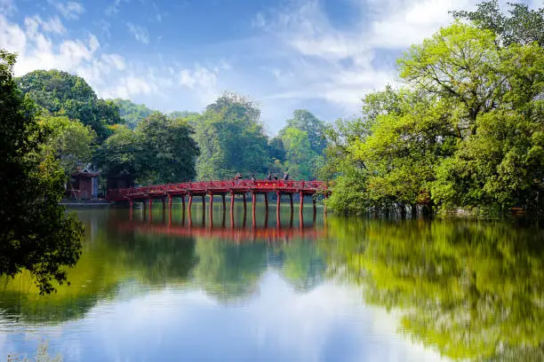 Photo of The Huc bridge entrance to Ngoc Son temple on Hoan Kiem lake, Hanoi, Vietnam