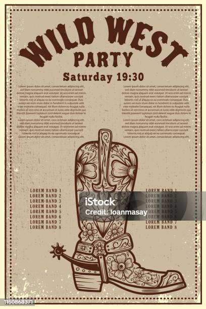 Wild West Party Poster Template With Cowboy Boot On Grunge Background Vector Illustration Stock Illustration - Download Image Now