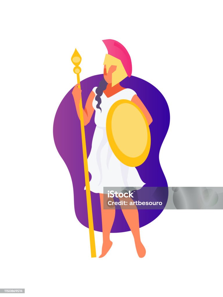 Goddess Athena vector Cartoon Greek Goddess Athena with a shield and a spear. Vector illustration Greece stock vector