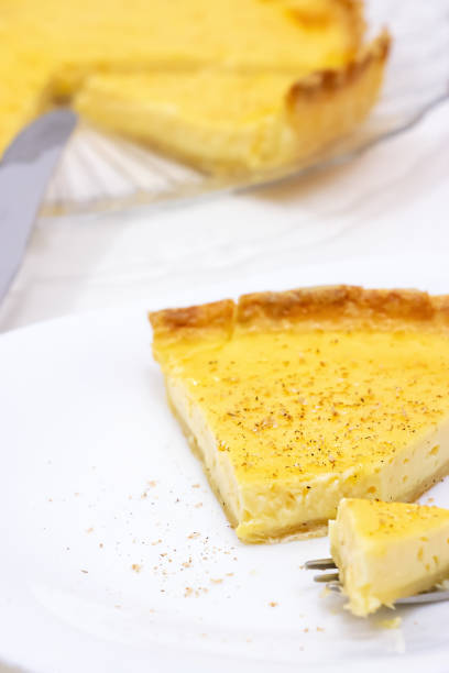 istock Sweet custard tart or lemon pie white background. Selective focus. Close up. 1150870476