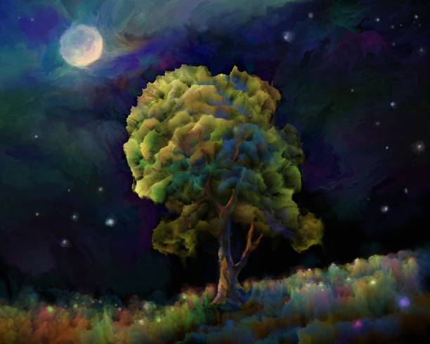 bildbanksillustrationer, clip art samt tecknat material och ikoner med fantastiskt träd på natten i månskenet - moon forest