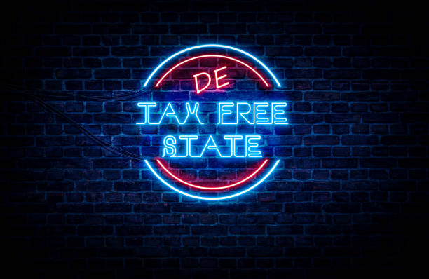 Delaware Tax Free State A blue and red neon sign showing the slogan of the state: Delaware DE
(Slogans for all 50 states are also available in my portfolio) delaware us state photos stock pictures, royalty-free photos & images