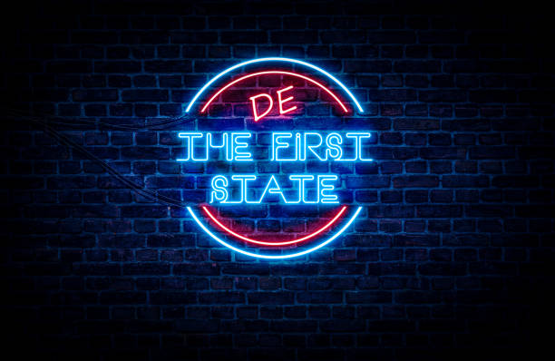 Delaware the first state A blue and red neon sign showing the slogan of the state: Delaware
(Slogans for all 50 states are also available in my portfolio) delaware us state photos stock pictures, royalty-free photos & images