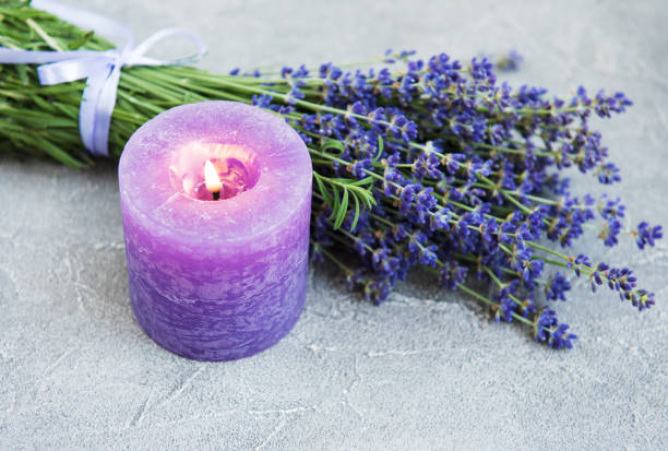 fiori di lavanda freschi e candela - aromatherapy candles foto e immagini stock