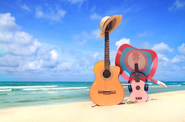 istock sweet brown guitar and pink ukulele on the beach 1150875672