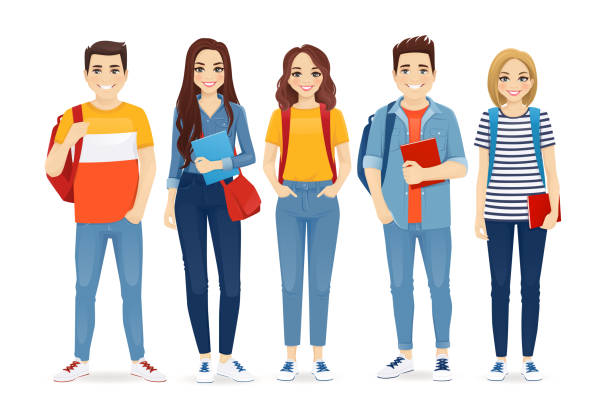 Young people in casual clothes Young people in casual clothes with backbackpacks and books. Beautiful smiling students standing isolated vector illustration casual clothing stock illustrations
