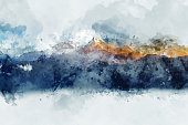 Abstract mountain ranges in morning light,  digital watercolor painting