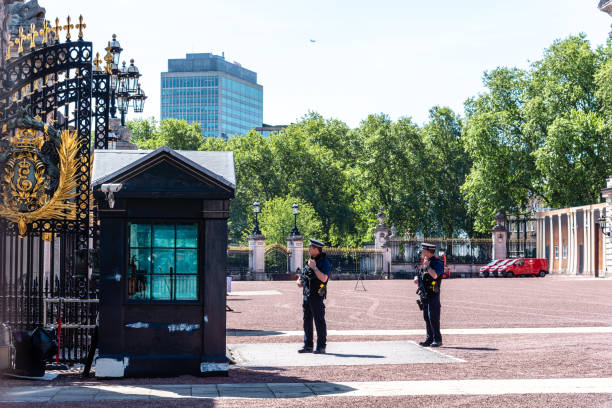 armed policemen guarding the gates of buckingham palace in london - honor guard buckingham palace protection london england imagens e fotografias de stock