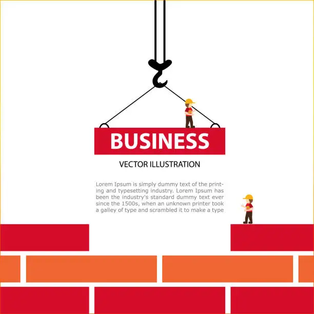 Vector illustration of Bright illustration on the theme of Building. The crane hook lowers down the red brick blocks. Template construction sites or other projects.