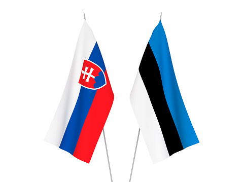 National fabric flags of Slovakia and Estonia isolated on white background. 3d rendering illustration.