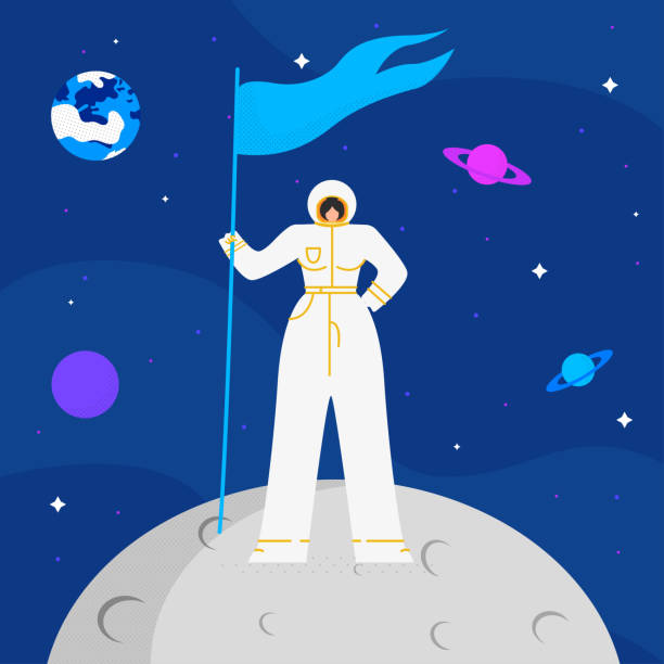 ilustrações de stock, clip art, desenhos animados e ícones de female astronaut on mood flat vector illustration - spacewoman