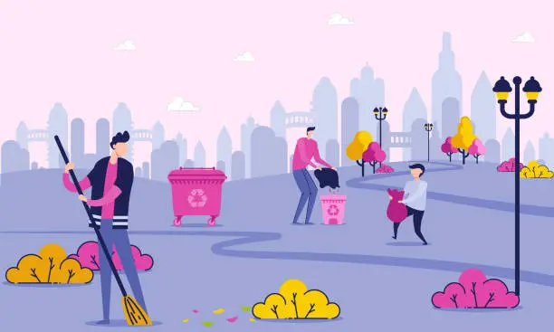 Vector illustration of Volunteer Characters Cleaning Park near City.