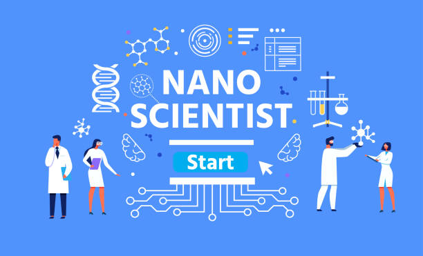 남성과 여성 나노 과학자 추상 배너 - dna chip stock illustrations