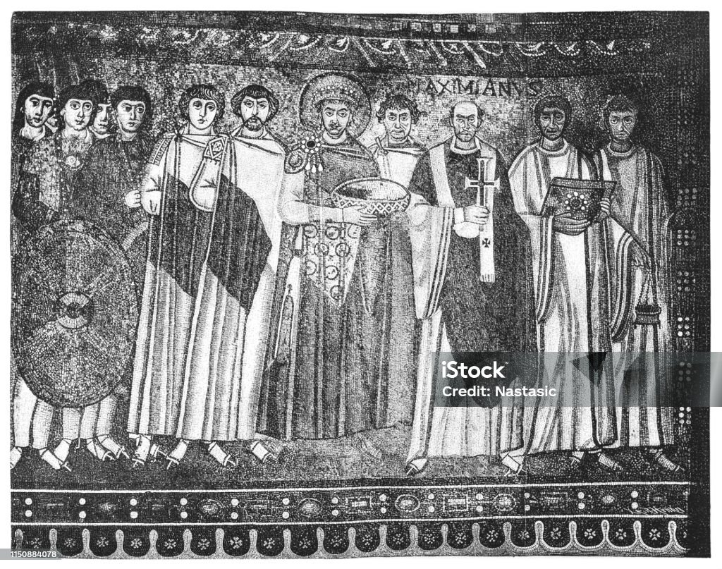 Mosaic in San Vitale Basilica, Ravenna, Italy: Emperor Justinian I Illustration of a Mosaic in San Vitale Basilica, Ravenna, Italy: Emperor Justinian I Emperor stock illustration