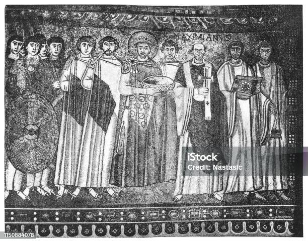 Mosaic In San Vitale Basilica Ravenna Italy Emperor Justinian I Stock Illustration - Download Image Now