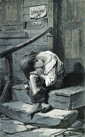 Vintage illustration shows a poverty-stricken child huddled on a door stoop wearing ragged clothing.