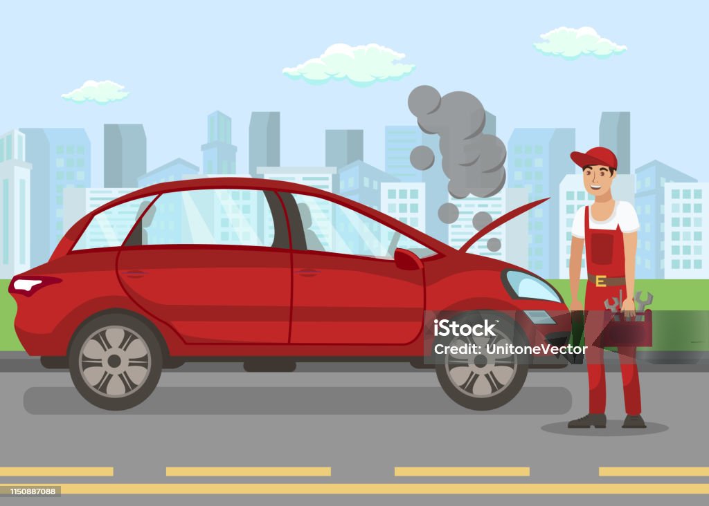Car Problems Cartoon Broken Vehicle On Road Flat Vector Illustration Stock Illustration ...