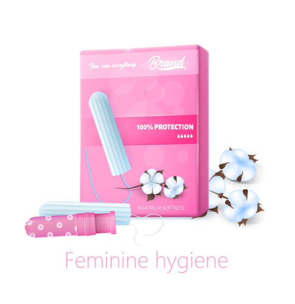 ilustrações, clipart, desenhos animados e ícones de poster feminino da higiene com bloco cor-de-rosa do tampon - tampon