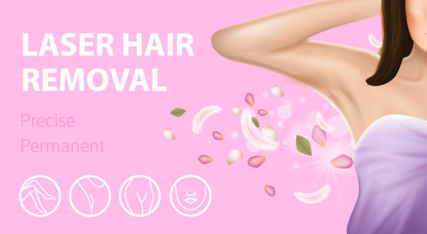 Armpit Epilation Laser Hair Removal Pink Banner. Armpit Epilation Laser Hair Removal, Precise Permanent Horizontal Banner. Woman Holding Arm Up and Showing Clean Underarms with Feathers and Petals on Pink Background. 3D Vector Realistic Illustration hair posters for salon stock illustrations