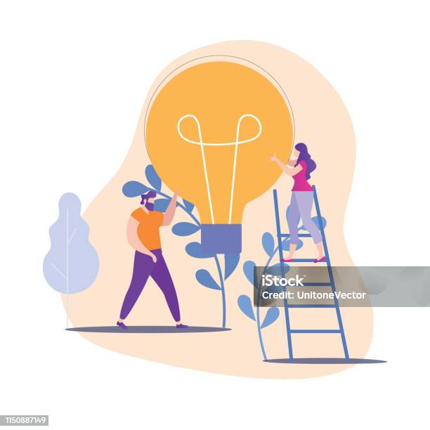 Man And Woman Hold Big Yellow Lamp In Hand Vector Stock Illustration - Download Image Now - Intellectual Property, People, Contemplation