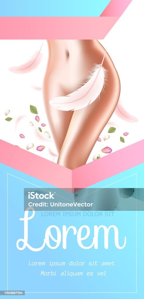 Hair Laser Removal Beauty Procedure, Medical Flyer Young Woman with Perfect Slim Healthy Body and Hairless Smooth Silky Skin. Fresh Petals. Hair Laser Removal Beauty Procedure, Medical Clinic Flyer. 3D Vector Realistic Illustration, Vertical Banner Advertisement stock vector