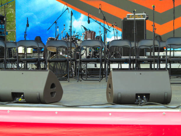 istock Drum Set with amplifiers and speakers on stage before live Concert 1150888614