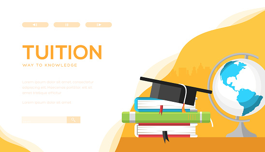 Tuition vector landing page template. Individual lessons web banner design. Online education, e-learning website homepage. Bachelor, Master degree illustration. Teacher, tutor, coach services