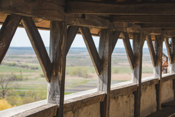 view of old wooden castle balcony. interior