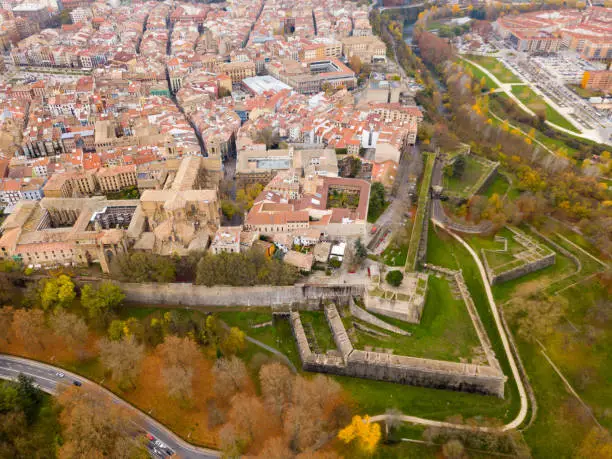 Aerial view of Pamplona medieval town with fortification in Navarre, Spain