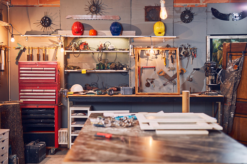 Workshop Retro Example Retro Vintage Workshop With Misc Tools Stock Photo - Download Image Now ...