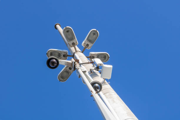 istock Urban mast, surveillance camera, public lighting and relay antenna 1150894392