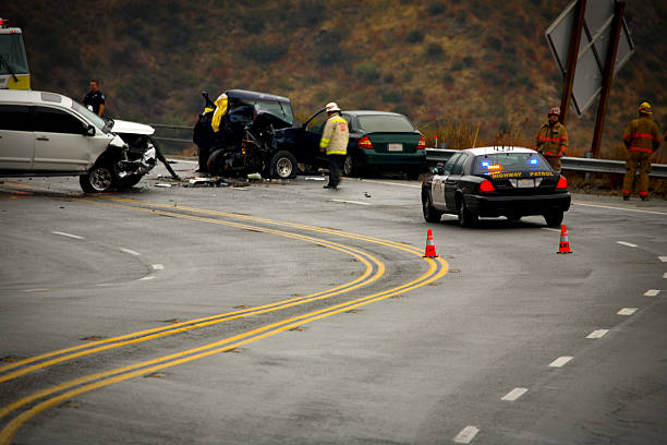 mountain highway - auto accident fatality southern California accident on mountain road involving a fatality car truck wreck mountain road curve eyecrave stock pictures, royalty-free photos & images